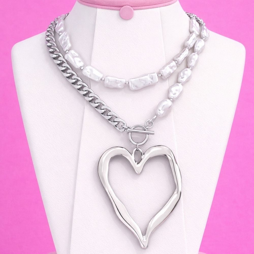 Silver and White Heart Pendant Necklace
